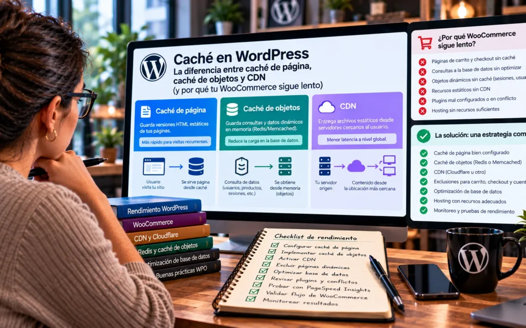 Caché en WordPress: la diferencia entre caché de página, caché de objetos y CDN (y por qué tu WooCommerce sigue lento)
